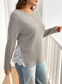 SHEIN Essnce Plus Size Women's Autumn Winter Lace Splicing Brushed Ribbed Long Sleeve T-Shirt,Smart Casual Everyday White Khaki Gray Pullover Fuzzy Teacher Tops - Apricot - View 1