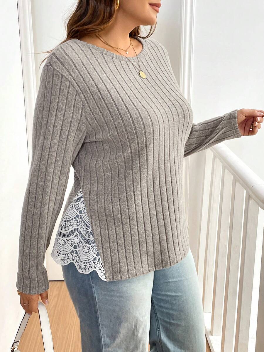 SHEIN Essnce Plus Size Women's Autumn Winter Lace Splicing Brushed Ribbed Long Sleeve T-Shirt,Smart Casual Everyday White Khaki Gray Pullover Fuzzy Teacher Tops - Apricot - View 1