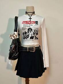 Muchica 复古肖像黑白图案街头时尚圆领短款紧身 T 恤女款，春秋季 - 白色 - 查看 2