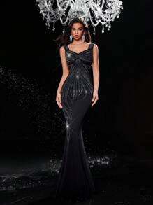 Glamrae Váy đuôi cá dài cổ chữ V đính đá Rhinestone sang trọng và lộng lẫy màu đen thanh lịch dành cho nữ, váy dự tiệc trang trọng dài - màu đen - Xem 7