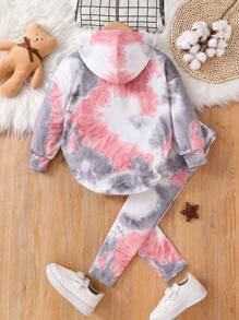 SHEIN 年轻女孩扎染不对称下摆落肩连帽衫和紧身裤 2 件套服装，舒适，秋冬季，非常适合休闲和日常穿着和学校日常，酷炫街头女孩，Y2K 女孩 - 彩色 - 查看 4