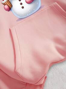 SHEIN EZwear Áo nỉ trùm đầu dài tay dệt kim họa tiết người tuyết Giáng sinh cho nữ - Màu Hồng baby - Xem 7