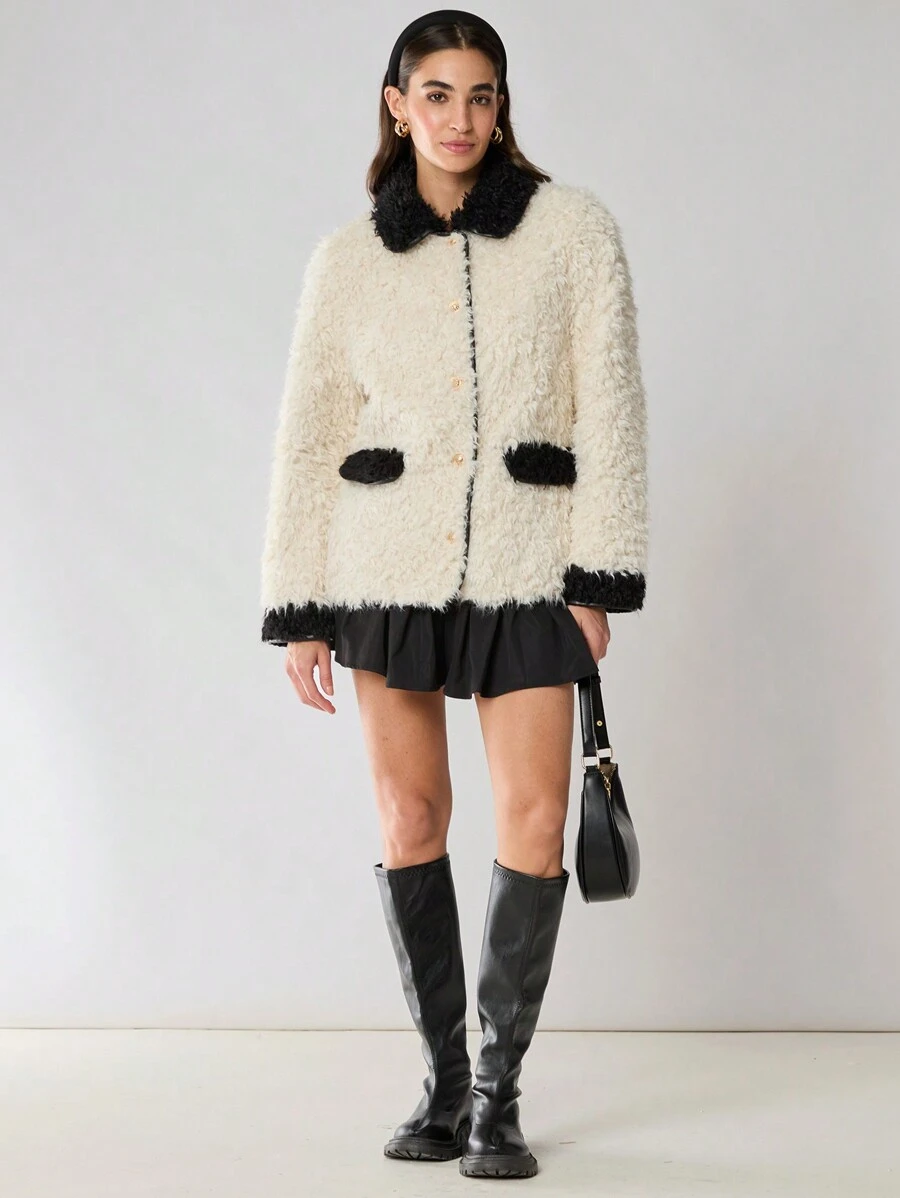 Enchnt 女士休闲宽松黑白拼色单排扣蓬松夹克，日常，工作，冬季女装，圣诞女装，