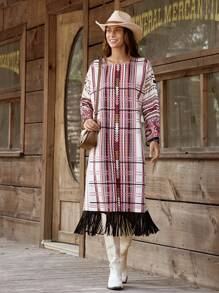 SHEIN LUNE LanaWest 女士宽松全印花流苏下摆落肩连衣裙 - 彩色 - 查看 3