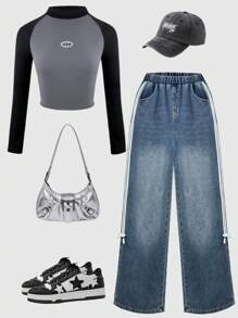 SHEIN 2pcs Teenage Long Sleeve Color Block T-Shirt With Belt & Bow Detail And Denim Pants Set - Grey - View 1