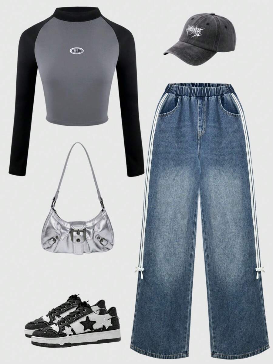 SHEIN 2pcs Teenage Long Sleeve Color Block T-Shirt With Belt & Bow Detail And Denim Pants Set - Grey - View 1