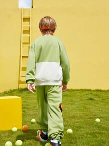 SHEIN 2pcs Boys' Outdoor Sports Set - Colorblock Warm Fleece Hooded Sweatshirt And Zip-Up Track Pants, Winter