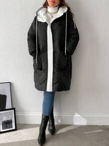 SHEIN LUNE Plus Size Color Block With Pocket Hooded Winter Clothes Long Sleeve Padded Padded Coat