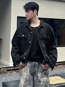 DAZY 秋季男士纯色牛仔夹克 - 黑色 - 查看 5