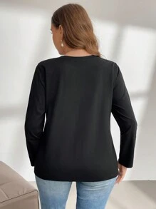 SHEIN Privé 大码女式黑色长袖 3D 花卉装饰 T 恤，宽松韩版基本款汗衫 - 黑色 - 查看 2