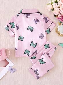 Young Girl Butterfly Print Contrast Piping PJ Set