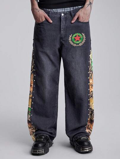 Street Life Jeans en denim décontracté et polyvalent, avec imprimé graphique et poches de patchwork pour hommes