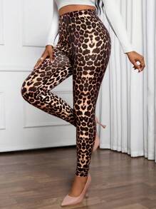 SHEIN Lady Leggings de Cuatro Estaciones, Bottom con Estampado de Guepardo, Leggings casuales con cintura alta y estampado de leopardo para mujer
