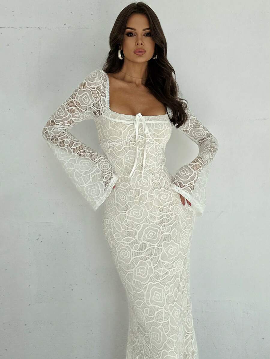 Firerie 女士心形领口喇叭袖紧身胸衣蕾丝美人鱼连衣裙，浪漫约会装，白色，秋冬 - 白色 - 查看 1