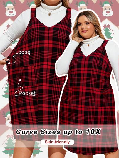 SHEIN CURVE+ فستان بروشات مزدوج الجيوب اللون مربع الأنماط المنحني بلس