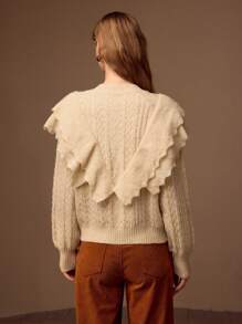 MOTF PREMIUM SOLID LAYERED RUFFLE TRIM CABLE KNIT SWEATER - Apricot - View 4