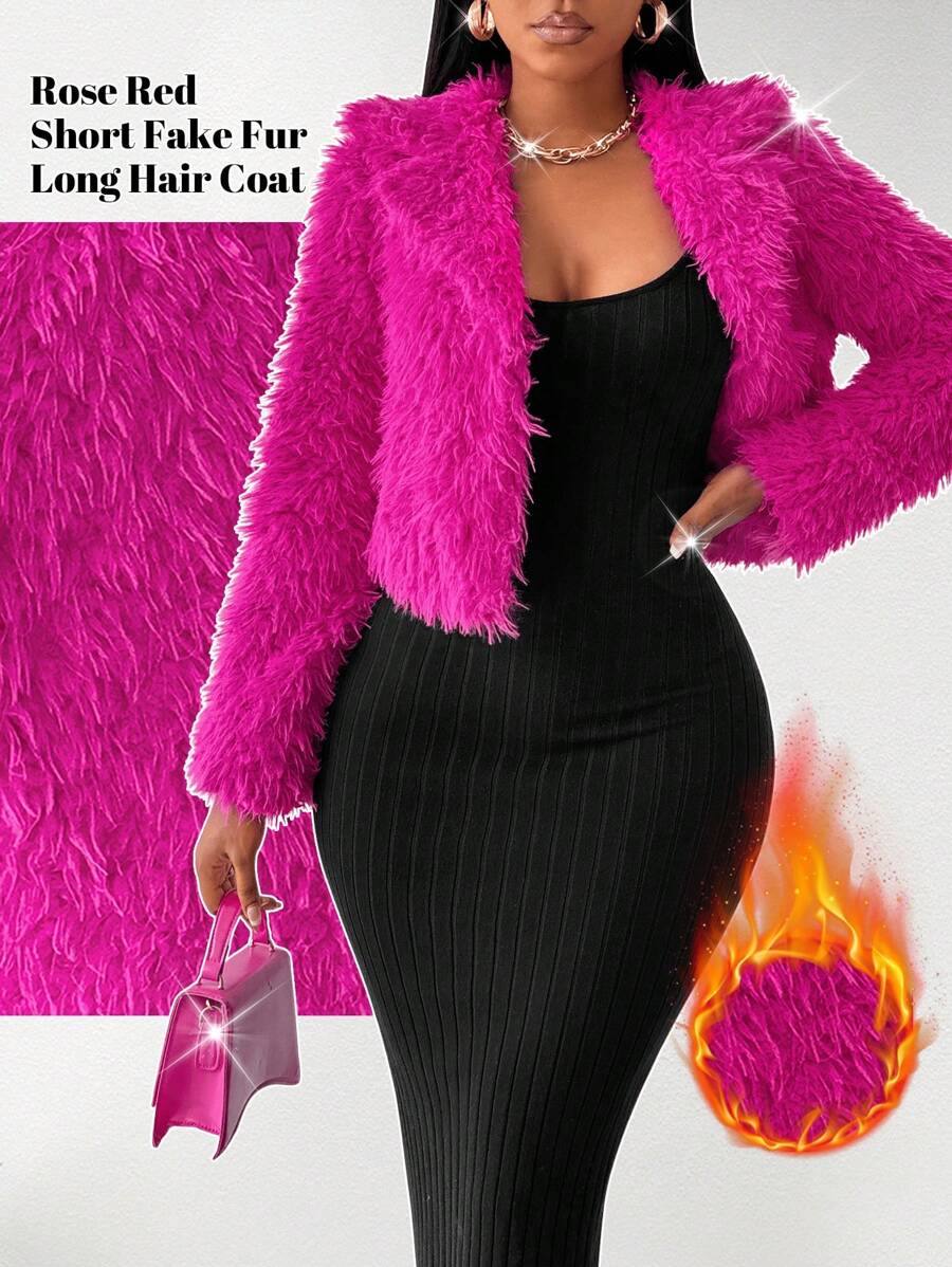 SHEIN Lady Cappotto in pelliccia finta corto a pelo lungo di colore rosso rosa per donna, cappotto in pelliccia finta adatto per lavoro, festa, primavera e autunno, cappotti morbidi e soffici - Fucsia - Visualizzare 1