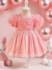 SHEIN Baby Girl Cute Elegant 3D Rose Floral Mesh Contrast Shiny Short Sleeve Party Dress, For Christmas
