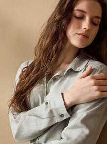 Ocili Leisure Comfortable Linen-Like Material Breathable Stand Collar Tie Waist Long Sleeve Front Button Up Robe - Grey - View 4