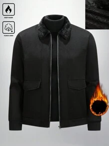 Manfinity Homme Men Solid Color Front Zip Up Long Sleeve Casual Jacket, Fall - Black - View 1