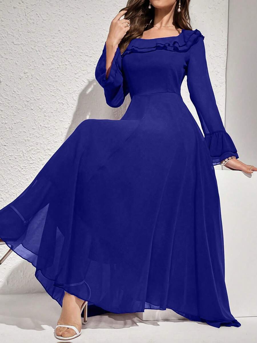 Modelyn Vestido de mujer de unicolor elegante con mangas acampanadas y volantes en el bajo, vestido largo de noche de otoño para mujer - azul real - Ver 1