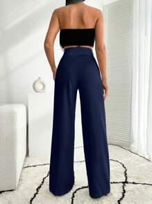 EURMUSE Wide Leg  Pant With Button Detail - Navy Blue - View 6