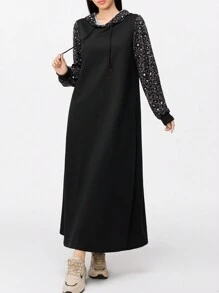 Mulvari Women Casual Leopard Patchwork Drawstring Hooded Sweatshirt Dress Suitable For Autumn Pullover Fall Outfit - Black - View 3