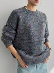 Dazy-Less 1 pieza Suéter de cuello redondo tejido grueso con efecto tie-dye degradado para mujer, ropa de mujer de otoño