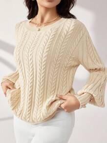 Mulvari 秋冬复古几何图案针织圆领毛衣，罗纹纽扣设计，女士秋季款 - 杏色 - 查看 4