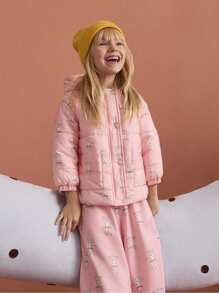 SHEIN Young Girl Allover Print Pink Casual Hooded Jacket, Long Sleeve Cotton Outerwear, Autumn/Winter