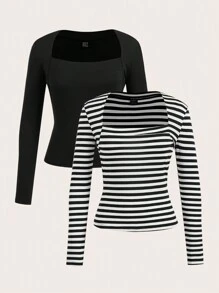 Muchica 2 件黑白条纹女士休闲修身长袖 T 恤，适合秋冬季 - 彩色 - 查看 1