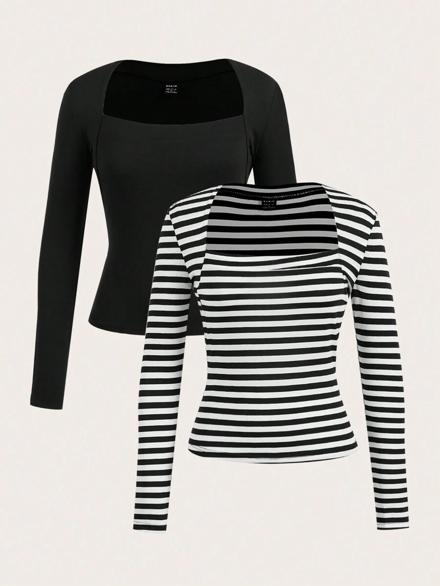 Muchica 2 件黑白条纹女士休闲修身长袖 T 恤，适合秋冬季 - 彩色 - 查看 1