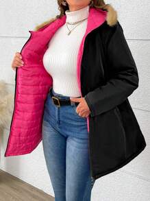 SHEIN LUNE Plus Size Fluffy Patchwork Hooded Long Sleeve Padded Padded Coat, Winter Clothes Fall Cloth For Women - Black - View 7