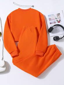 2pcs/Set Teenage Girls Casual Round Neck Sweatshirt & Sweatpants, Knitted - Orange - View 2