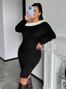 SHEIN Frenchy 优雅简约拼色斜肩针织毛衣裙，适合办公室、休闲约会和聚会，秋冬季 - 黑色 - 查看 5