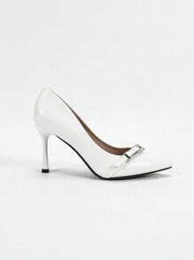 CUCCOO BIZCHIC White Pointed Toe Slim High Heel Rhinestone Buckle Decor Ladies Pumps, Suitable For Commute New Year Holiday - White - View 7