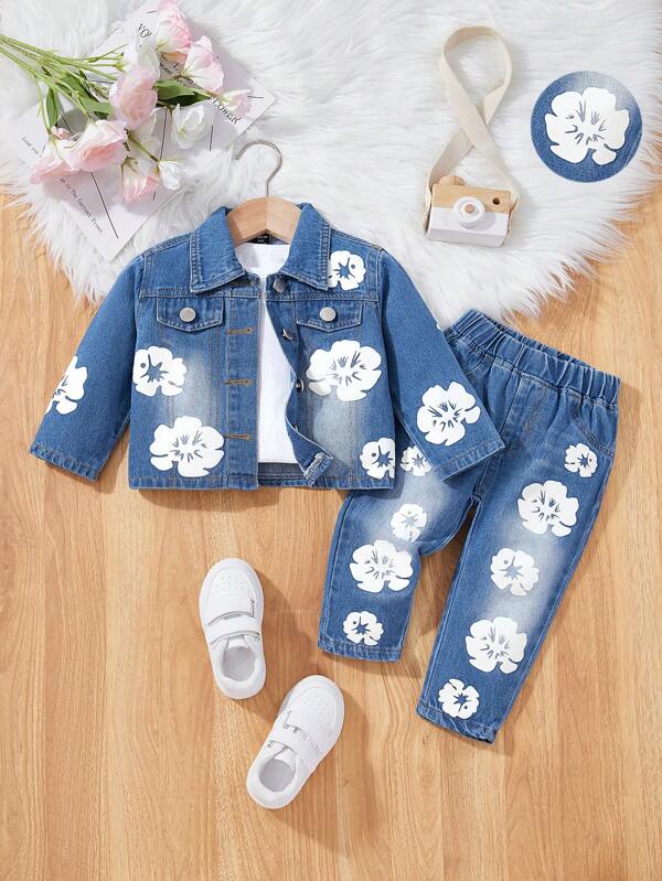 2pcs/Set Baby Girl Fashion Denim Outfit, Prints Jacket Coat + Prints Casual Denim Pants, Street Style Floral Pattern