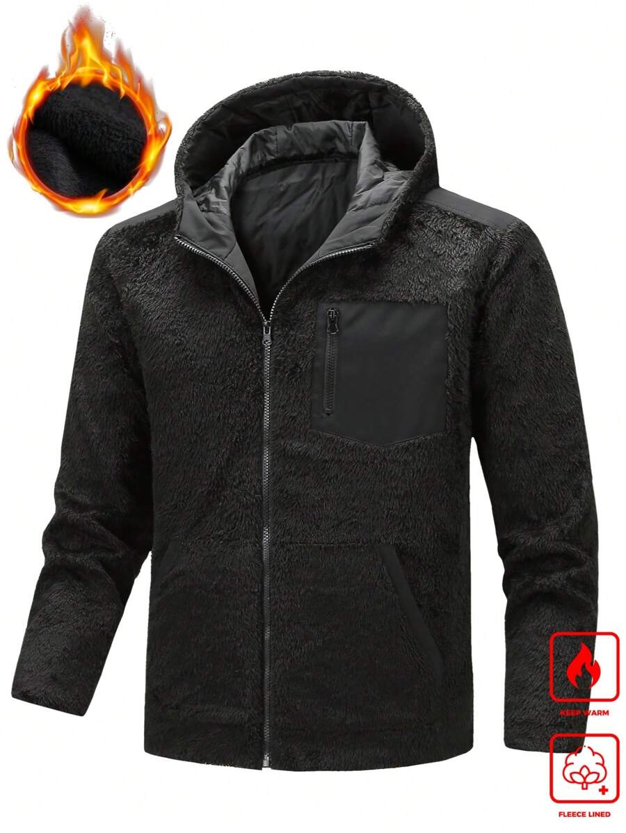 Manfinity Homme Men's Plain Zip Up Long Sleeve Fleece Hooded Jacket, Autumn/Winter - Black - View 1