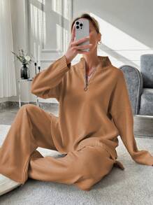 EURMUSE Women Casual Solid Color Stand Collar Sweater & Long Pants 2Pcs Set For Autumn/Winter - Camel - View 5