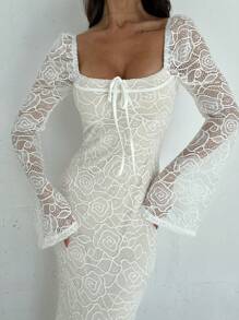 Firerie 女士心形领口喇叭袖紧身胸衣蕾丝美人鱼连衣裙，浪漫约会装，白色，秋冬 - 白色 - 查看 3