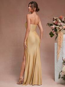SHEIN Unity Robe de maxi élégante pour fête de Noël avec corset, plissé sur le côté et fente, couleur champagne - Champagne - Voir 4