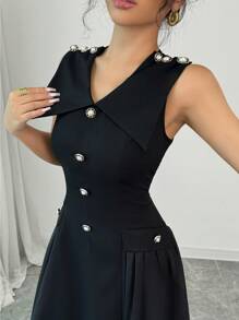 Chiquease 女士薄纱拼接 A 字型收腰荷叶边下摆派对连衣裙，修身优雅长款女士服装 - 黑色 - 查看 6