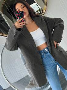 DAZY Simple Plaid Pattern Women Blazer, Fall Clothes Business Attire - Black - View 4