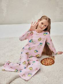 TEENAGE MUTANT NINJA TURTLES | SHEIN Tween Girl Cartoon Print Flame Retardant Knitted Crew Neck Long Sleeve Pajamas Set