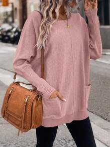 SHEIN LUNE 休闲时尚纯色蝙蝠袖双口袋毛衣，秋冬 - 藕粉色 - 查看 1