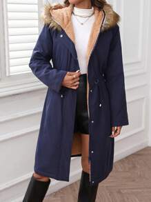 SHEIN LUNE Nouveau manteau rembourré mi-long épaissi avec capuche, col moelleux, cordon de serrage à la taille, doublure chaude, vêtements d'hiver pour femmes 2024