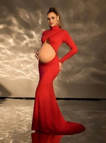 Cheriluna Maternity Maternity Plain Collar Long Sleeve Hollow Minimalist Casual Photo Shoot Top, For Photoshoot For New Year Clothes - Red - View 1