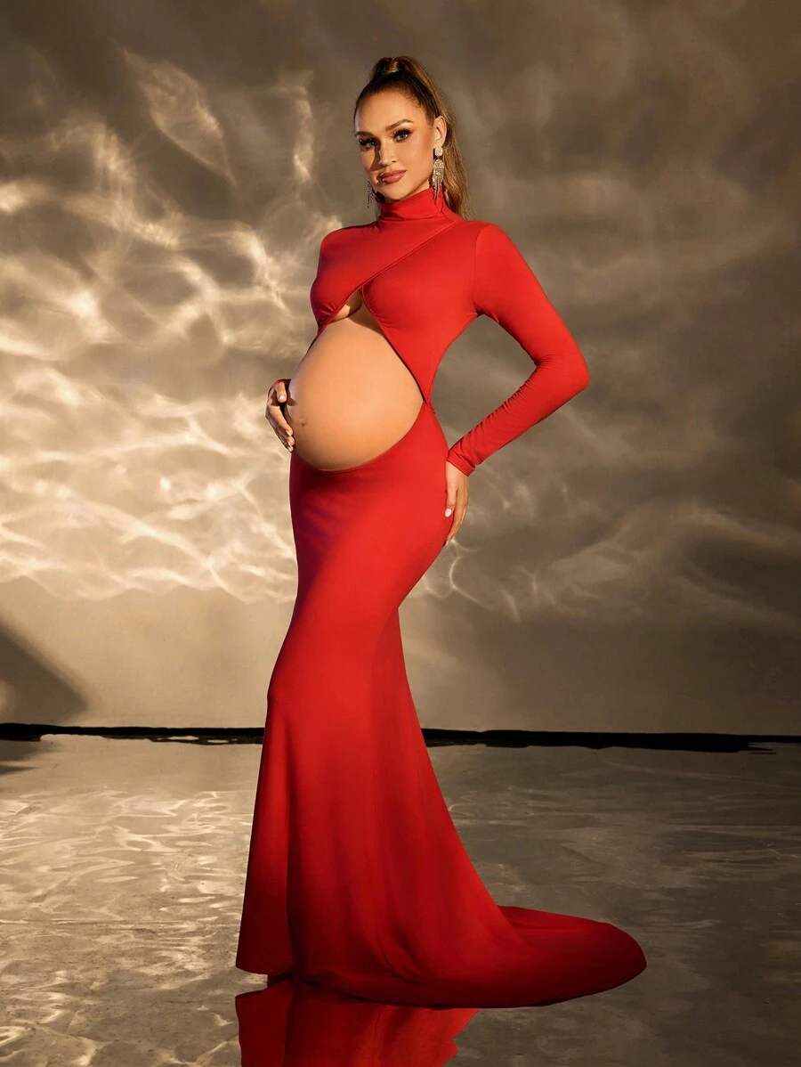 Cheriluna Maternity Maternity Plain Collar Long Sleeve Hollow Minimalist Casual Photo Shoot Top, For Photoshoot For New Year Clothes - Red - View 1