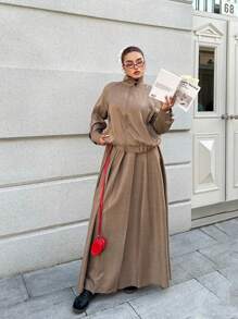 Calvaya 加大码 2 件套：高领夹克上衣和褶皱 A 字长裙，甜美又热情，休闲时尚女士装扮，适合冬季 - 卡其色 - 查看 7