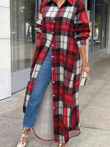 大码女式休闲格子长衬衫 - 紅色 - 查看 1